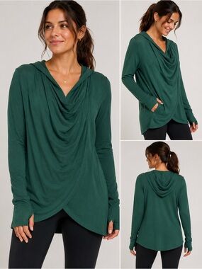 Athleta Green Hooded Draped Wrap Cardigan Top Size Large over size